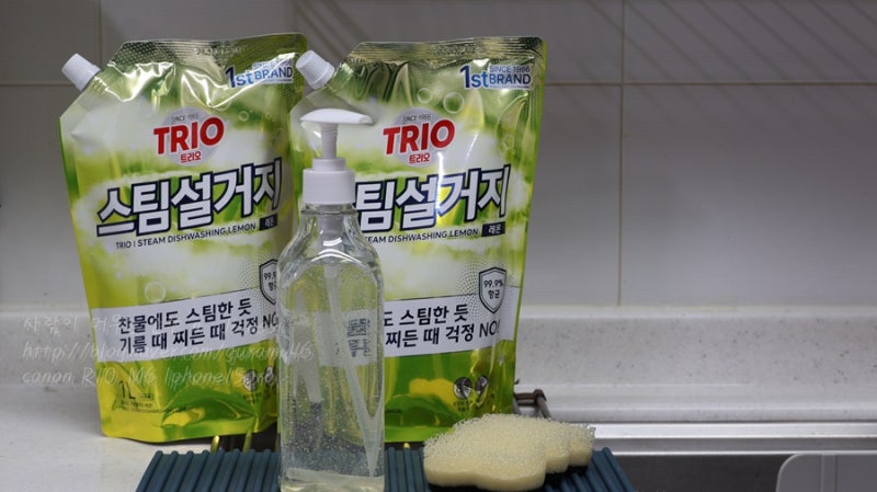 구연산 함유로 항균과 기름기제거 찌든때제거에 좋은 주방세제 트리오 스팀설거지 레몬