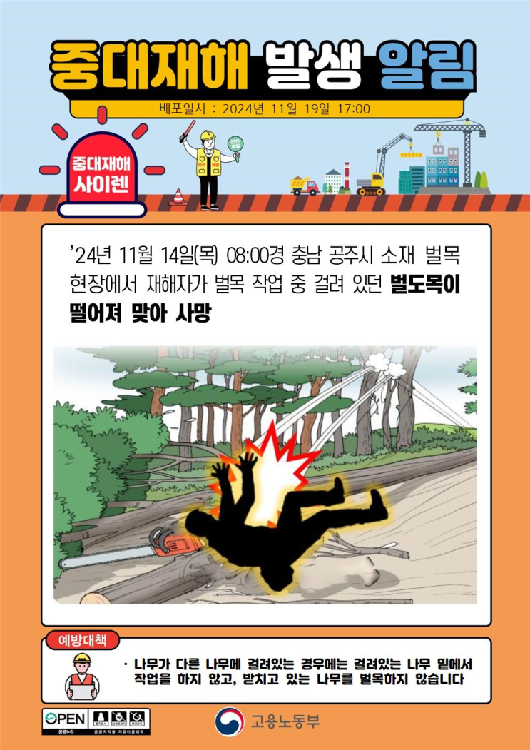  중대재해 벌목작업 부딪힘 사고