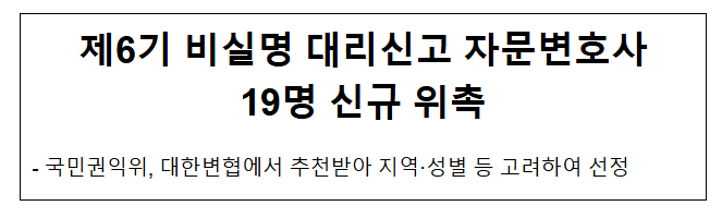 제6기 비실명 대리신고 자문변호사 19명 신규 위촉 제6기 비실명 대리신고 자문변호사 19명 신규 위촉
