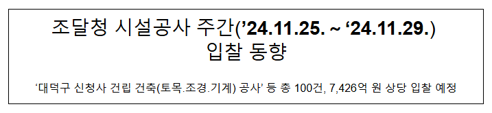 조달청 시설공사 주간(’24.11.25.~’24.11.29.) 입찰 동향 조달청 시설공사 주간(’24.11.25.~’24.11.29.) 입찰 동향