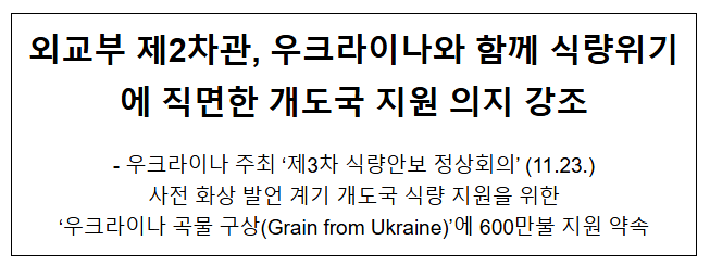 외교부 제2차관, 우크라이나와 함께 식량위기에 직면한 개도국 지원 의지 강조 외교부 제2차관, 우크라이나와 함께 식량위기에 직면한 개도국 지원 의지 강조