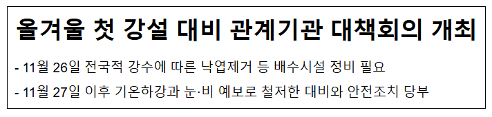 올겨울 첫 강설 대비 관계기관 대책회의 개최 올겨울 첫 강설 대비 관계기관 대책회의 개최