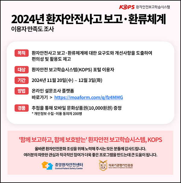 환자 안전사고 보고 환류체계 설문(문상 1만원 200명)추첨~12.03 환자 안전사고 보고 환류체계 설문(문상 1만원 200명)추첨~12.03