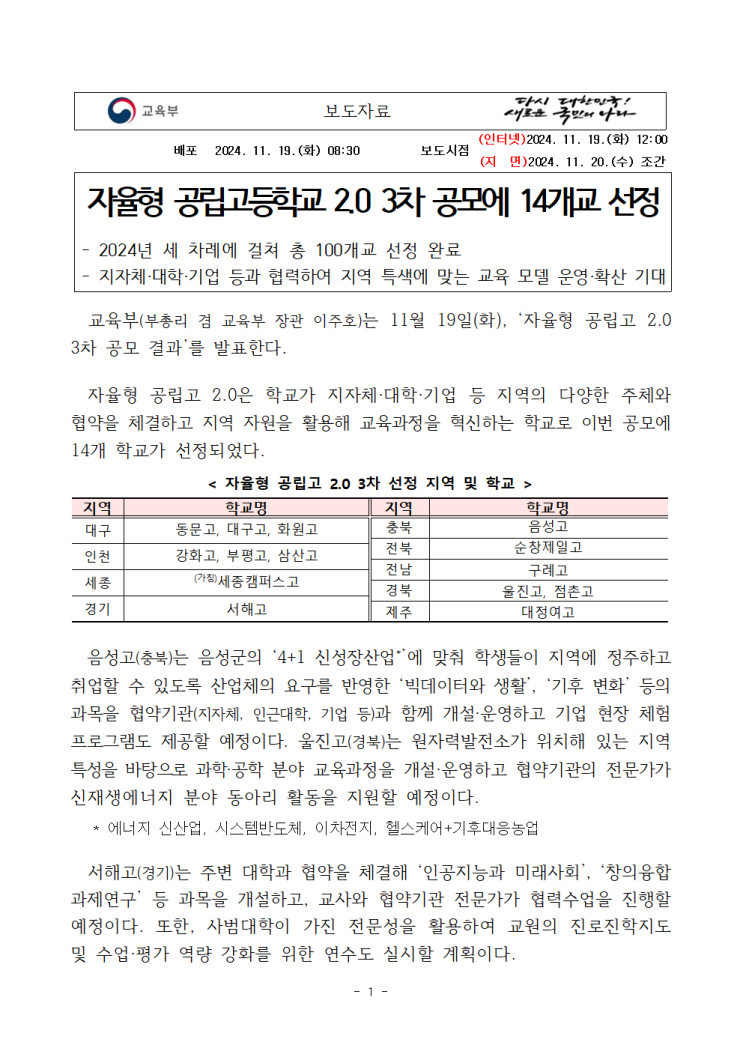  자율형 공립고 2.0 3차 선정결과