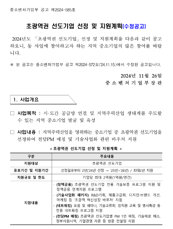 2024년 초광역권 선도기업 선정 및 지원계획 수정 공고 2024년 초광역권 선도기업 선정 및 지원계획 수정 공고
