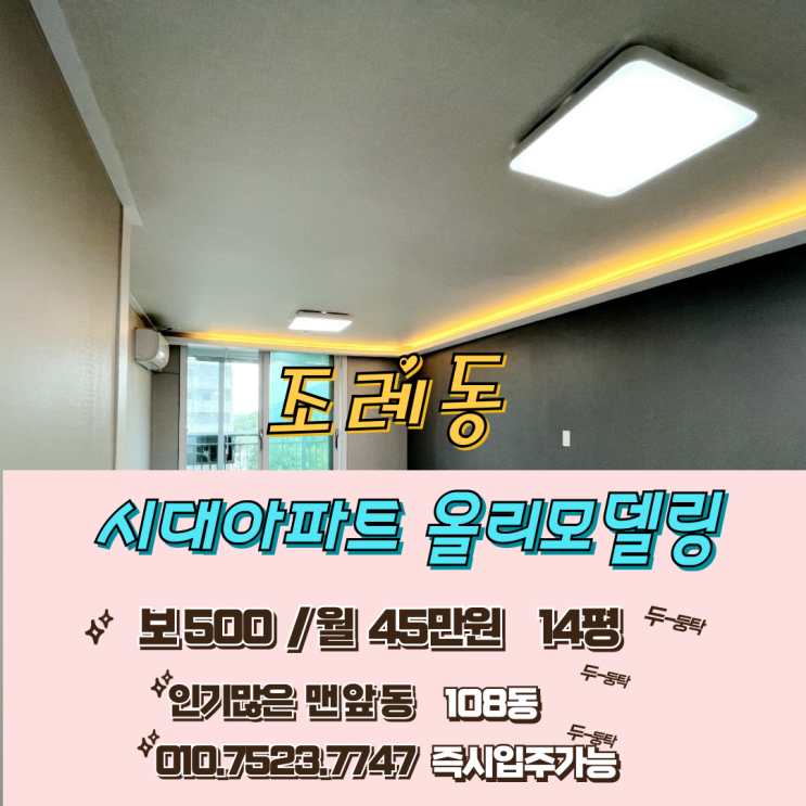 시대아파트 맨 앞 108동  올리모델링 월세 !          즉시입주가능!