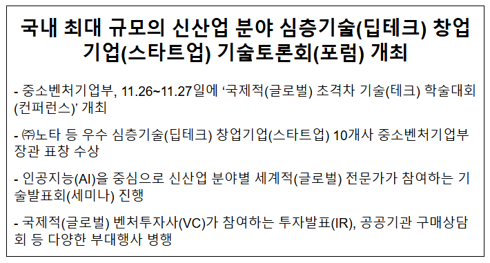 국내 최대 규모의 신산업 분야 심층기술(딥테크) 창업기업(스타트업) 기술토론회(포럼) 개최 국내 최대 규모의 신산업 분야 심층기술(딥테크) 창업기업(스타트업) 기술토론회(포럼) 개최