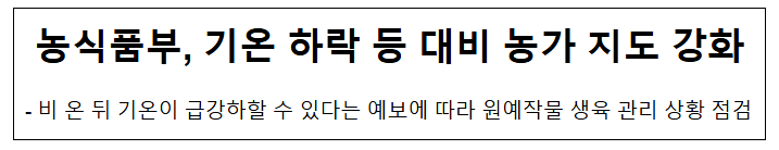 농식품부, 기온 하락 등 대비 농가 지도 강화 농식품부, 기온 하락 등 대비 농가 지도 강화