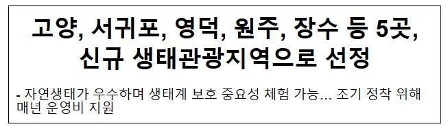 고양, 서귀포, 영덕, 원주, 장수 등 5곳, 신규 생태관광지역으로 선정 고양, 서귀포, 영덕, 원주, 장수 등 5곳, 신규 생태관광지역으로 선정
