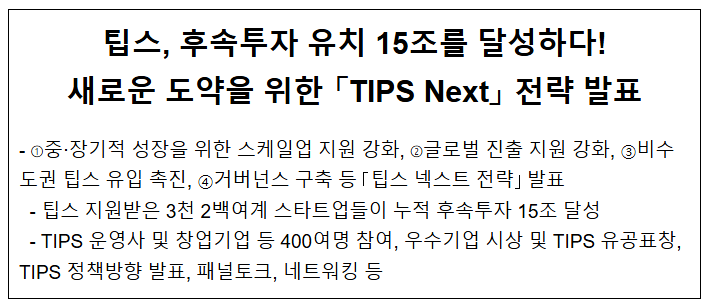 팁스, 후속투자 유치 15조를 달성하다! 새로운 도약을 위한 「TIPS Next」 전략 발표 팁스, 후속투자 유치 15조를 달성하다! 새로운 도약을 위한 「TIPS Next」 전략 발표