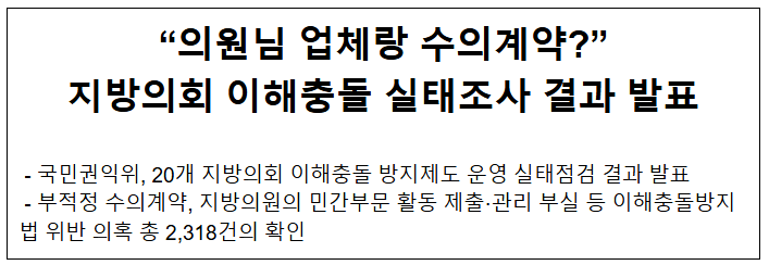 “의원님 업체랑 수의계약?” 지방의회 이해충돌 실태조사 결과 발표 “의원님 업체랑 수의계약?” 지방의회 이해충돌 실태조사 결과 발표