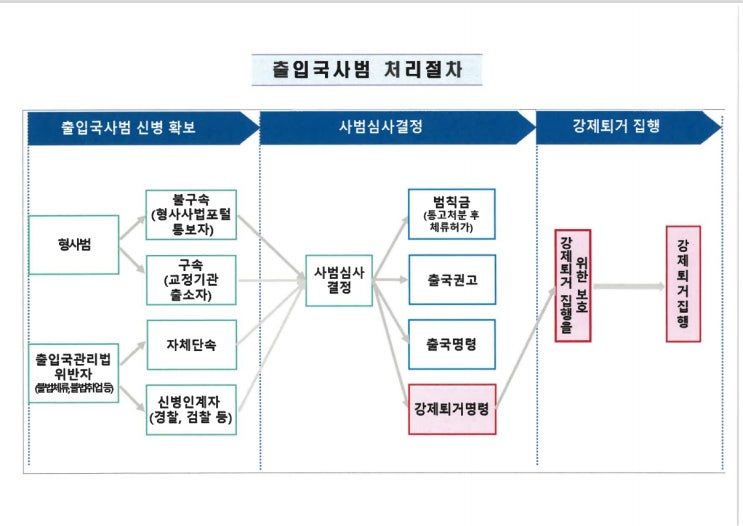 불법체류자, 외국인 형사사법포털 통보자 등의 사범심사 결정 및 강제퇴거 집행과정