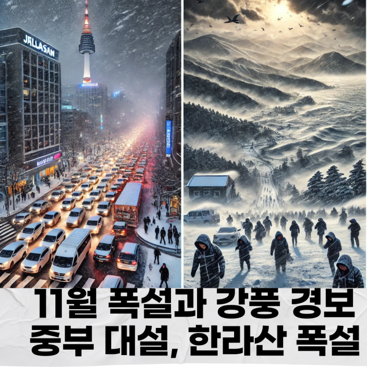 날씨 <b>폭설</b>과 강풍 경보! 중부 대설, <b>제주</b> 한라산 눈 폭탄 <b>예보</b>
