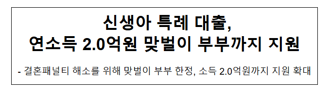 신생아 특례 대출, 연소득 2.0억원 맞벌이 부부까지 지원 신생아 특례 대출, 연소득 2.0억원 맞벌이 부부까지 지원