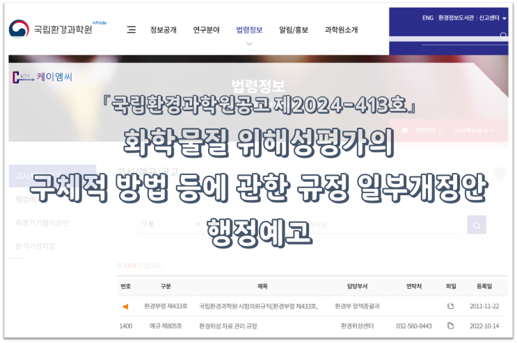  [ 주식회사 케이엠씨 ] 국립환경과학원공고제2024-413호 화학물질 위해성평가의 구체적 방법 등에 관한 규정 일부개정안 행정예고
