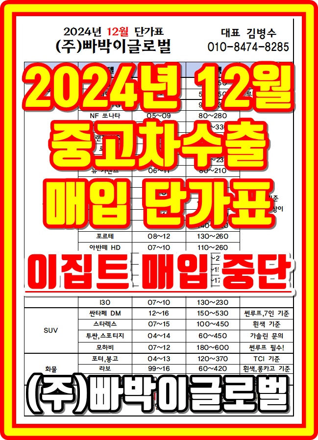  2024년 12월 중고차 수출 단가표 / 매입 시세