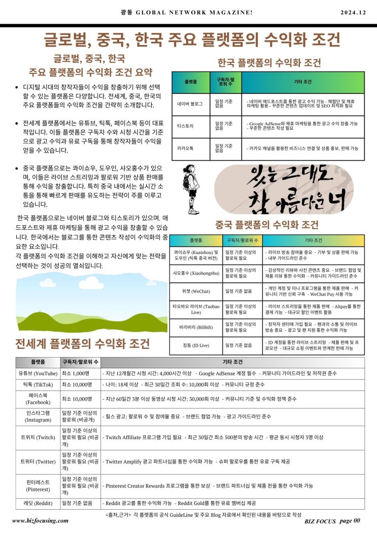  글로벌, 중국, 한국 주요 플랫폼의 수익화 조건