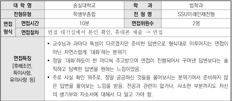  2023학년도 숭실대학교 법학과 학생부종합 SSU미래인재전형 면접 기출 문제