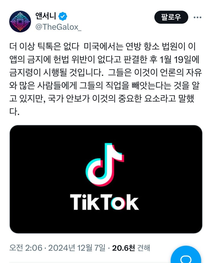  미국 틱톡 금지령 시행 2025년 예정