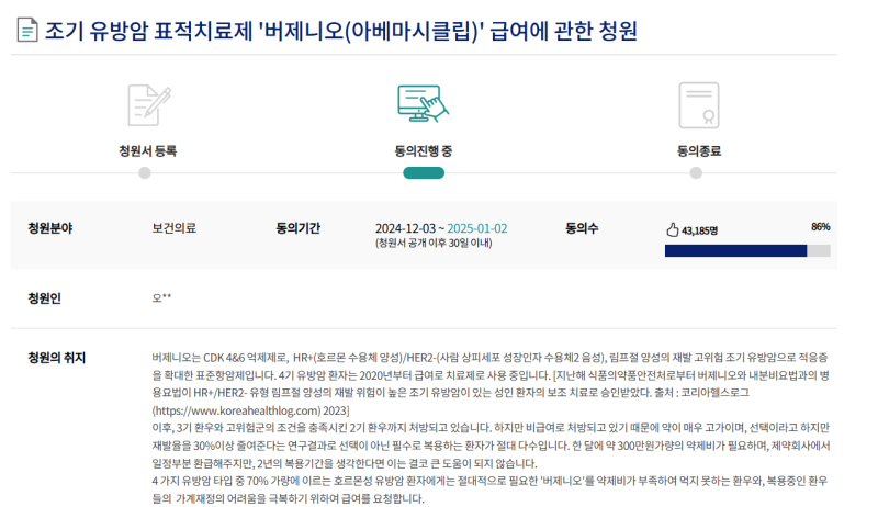 조기 유방암 표적치료제 '버제니오(아베마시클립)' 급여에 관한 청원(마감:25년1월2일)