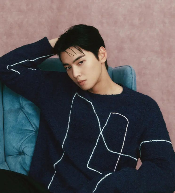  겨울 연말 데이트룩 여심을 흔들 남자 니트 추천 : 리버클래시 차은우 pick 네이비 라인자수 니트 풀오버