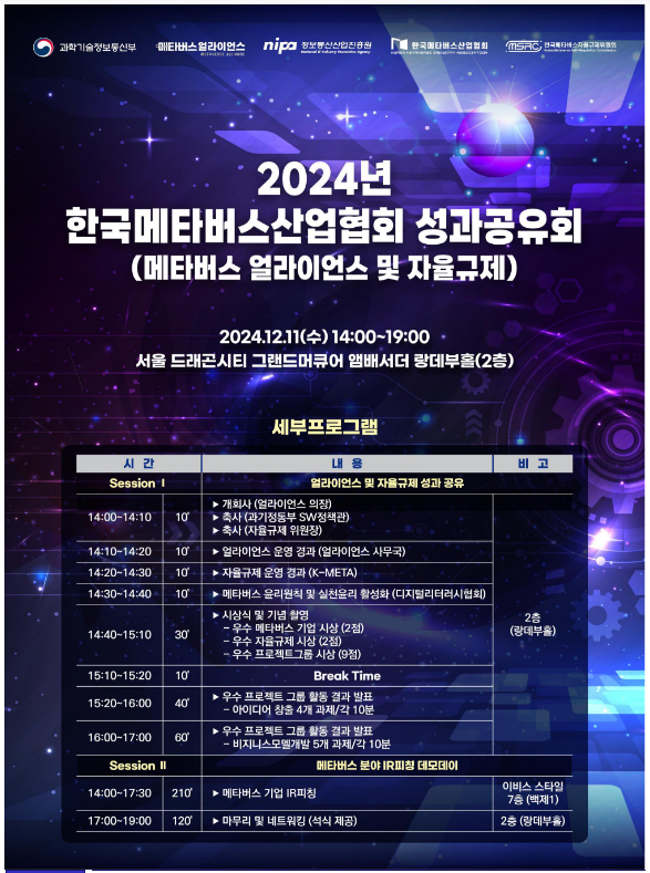 「2024년 가상융합세계 연합체(메타버스 얼라이언스) 및 자율규제 성과공유회」 개최 「2024년 가상융합세계 연합체(메타버스 얼라이언스) 및 자율규제 성과공유회」 개최