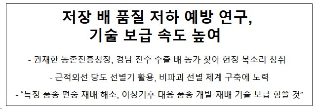 저장 배 품질 저하 예방 연구, 기술 보급 속도 높여 저장 배 품질 저하 예방 연구, 기술 보급 속도 높여