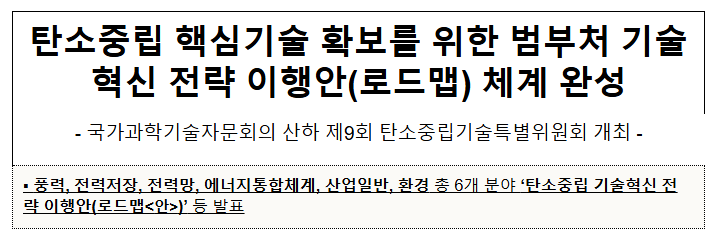 탄소중립 핵심기술 확보를 위한범부처 기술혁신 전략 이행안(로드맵) 체계 완성 탄소중립 핵심기술 확보를 위한범부처 기술혁신 전략 이행안(로드맵) 체계 완성