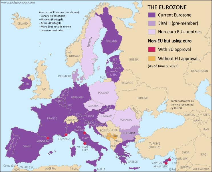 유로 사용국가 -> 유럽연합(EU) 회원국인 유로존(Eurozone) 20개국 + 유럽연합(EU) 미가입한 6개국 // 유럽연합(EU)회원국 중에 자국통화 사용하는 7개국 유로 사용국가 -> 유럽연합(EU) 회원국인 유로존(Eurozone) 20개국 + 유럽연합(EU) 미가입한 6개국 // 유럽연합(EU)회원국 중에 자국통화 사용하는 7개국