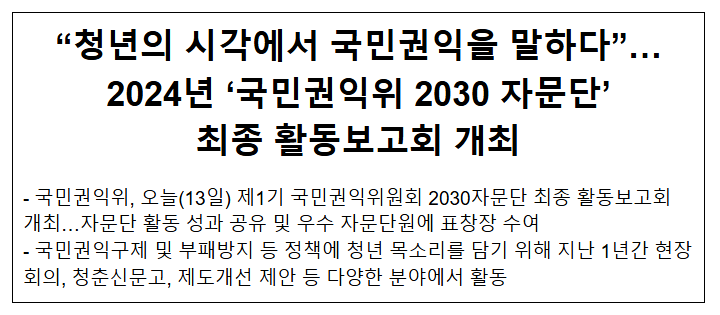 “청년의 시각에서 국민권익을 말하다”…2024년 ‘국민권익위 2030 자문단’ 최종 활동보고회 개최 “청년의 시각에서 국민권익을 말하다”…2024년 ‘국민권익위 2030 자문단’ 최종 활동보고회 개최