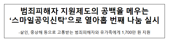범죄피해자 지원제도의 공백을 메우는 ‘스마일공익신탁’으로 열아홉 번째 나눔 실시 범죄피해자 지원제도의 공백을 메우는 ‘스마일공익신탁’으로 열아홉 번째 나눔 실시