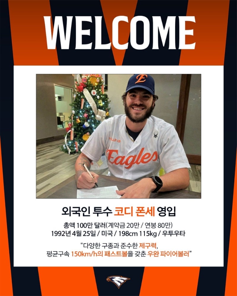 코디 폰세, 에스테반 플로리얼 합류, 한화 외국인 선수 구성 완료 : 네이버 블로그