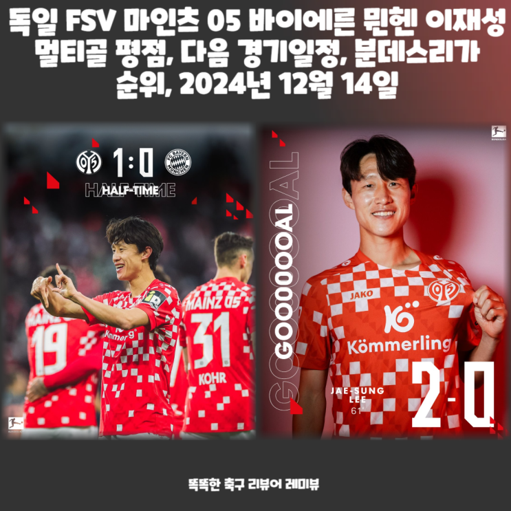 독일 FSV 마인츠 05 바이에른 뮌헨 이재성 멀티골 평점, 다음 경기일정, 분데스리가 순위, 2024년 12월 14일 독일 FSV 마인츠 05 바이에른 뮌헨 이재성 멀티골 평점, 다음 경기일정, 분데스리가 순위, 2024년 12월 14일