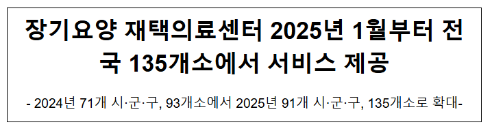 장기요양 재택의료센터 2025년 1월부터 전국 135개소에서 서비스 제공 장기요양 재택의료센터 2025년 1월부터 전국 135개소에서 서비스 제공
