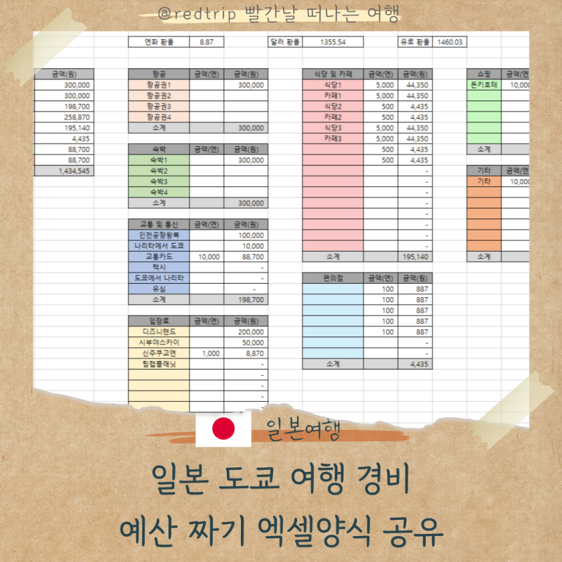 일본 도쿄 여행 경비 예산 짜기 엑셀 양식 공유