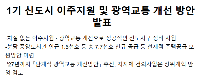 1기 신도시 이주지원 및 광역교통 개선 방안 발표 1기 신도시 이주지원 및 광역교통 개선 방안 발표