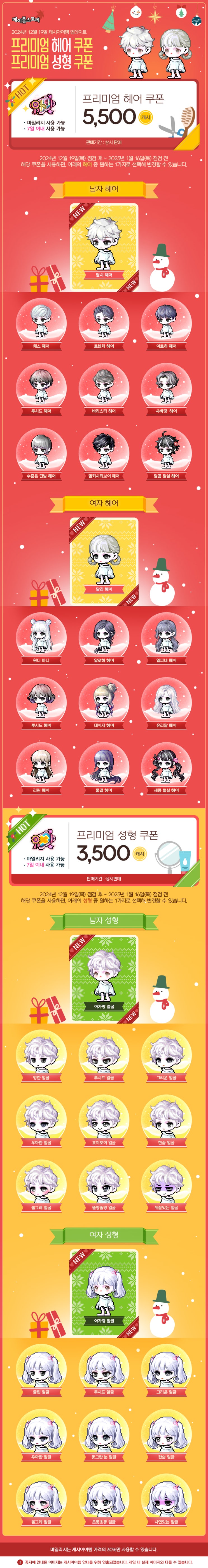  12월 19일 캐시아이템 업데이트 - 프리미엄 헤어&성형 쿠폰