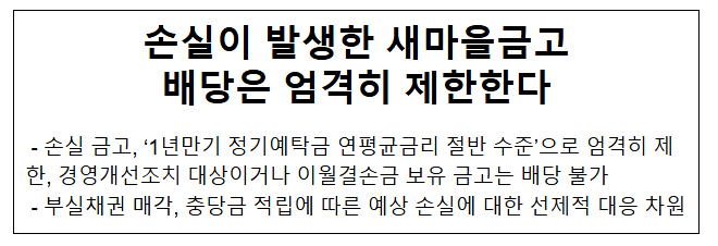 손실이 발생한 새마을금고 배당은 엄격히 제한한다 손실이 발생한 새마을금고 배당은 엄격히 제한한다