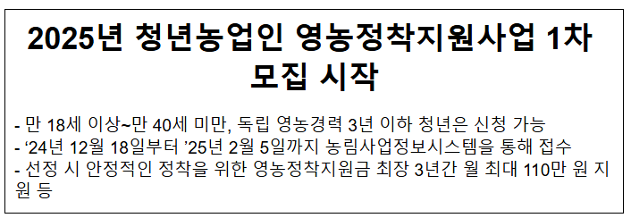 2025년 청년농업인 영농정착지원사업 1차 모집 시작 2025년 청년농업인 영농정착지원사업 1차 모집 시작