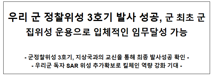 우리 군 정찰위성 3호기 발사 성공 우리 군 정찰위성 3호기 발사 성공