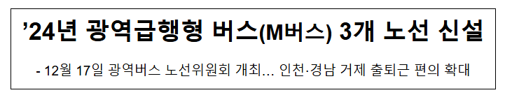 ’24년 광역급행형 버스(M버스) 3개 노선 신설 ’24년 광역급행형 버스(M버스) 3개 노선 신설
