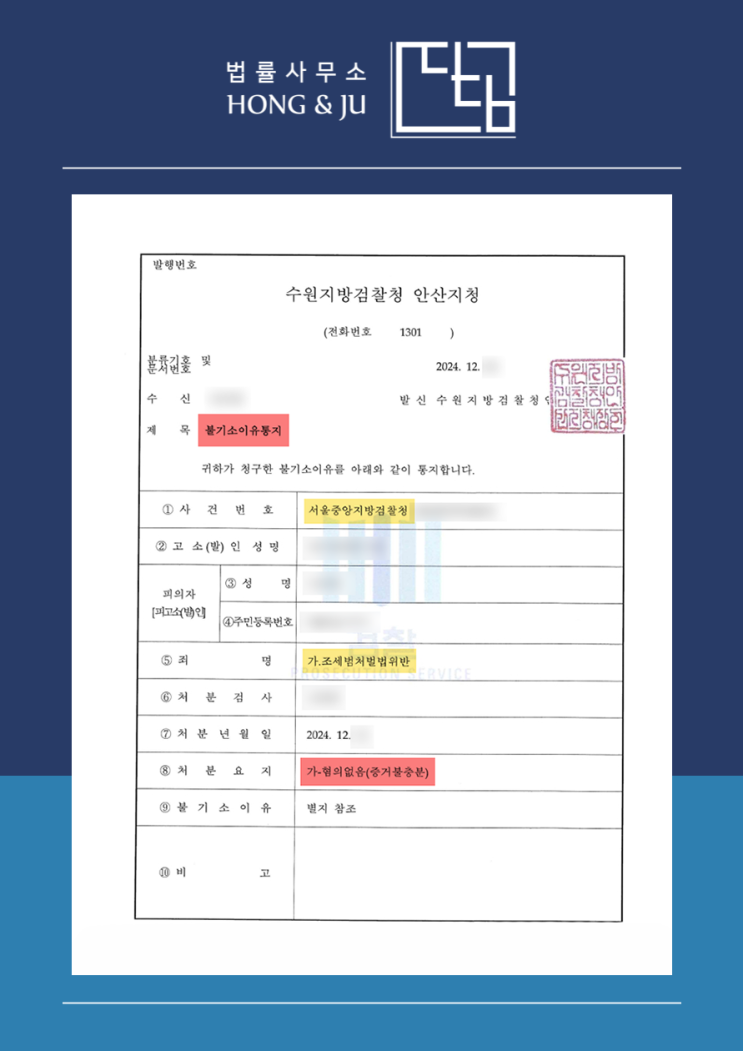  안산지청변호사 허위세금계산서 발행 '불기소' 처분(12월)