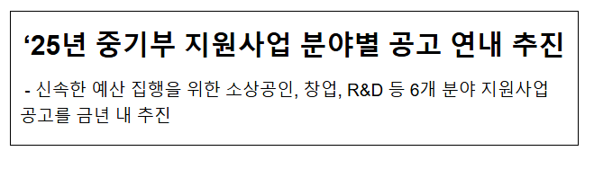 ‘25년 중기부 지원사업 분야별 공고 연내 추진 ‘25년 중기부 지원사업 분야별 공고 연내 추진