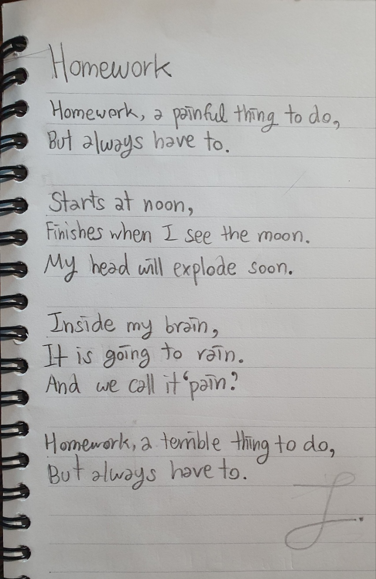  초등학생에게 영어로 시 써오라고 함... 주제는 homework