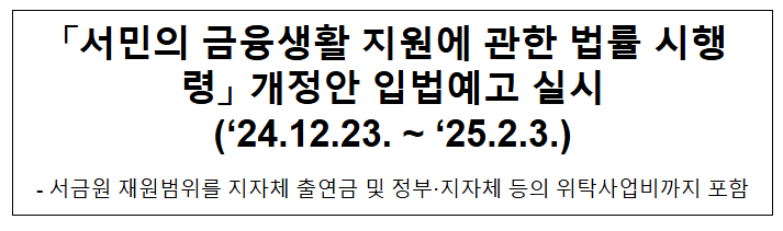 「서민의 금융생활 지원에 관한 법률 시행령」 개정안 입법예고 실시 (‘24.12.23. ~ ‘25.2.3.) 「서민의 금융생활 지원에 관한 법률 시행령」 개정안 입법예고 실시 (‘24.12.23. ~ ‘25.2.3.)