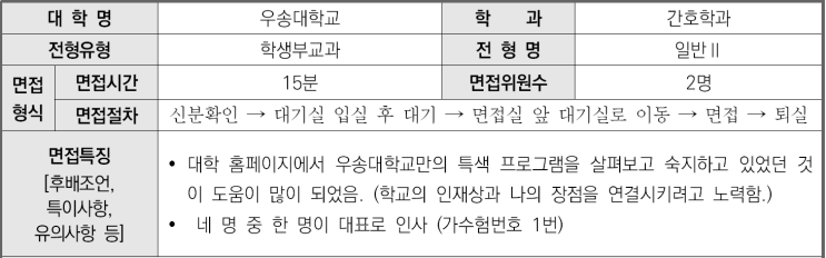  2023학년도 우송대학교 간호학과 학생부교과 일반전형Ⅱ 면접 기출 문제