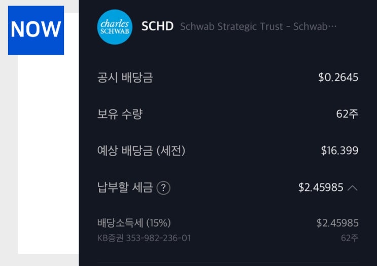  SCHD를 매도하고 TIGER 미국배당다우존스로 갈아탔습니다.