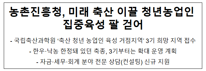 농촌진흥청, 미래 축산 이끌 청년농업인 집중육성 팔 걷어 농촌진흥청, 미래 축산 이끌 청년농업인 집중육성 팔 걷어
