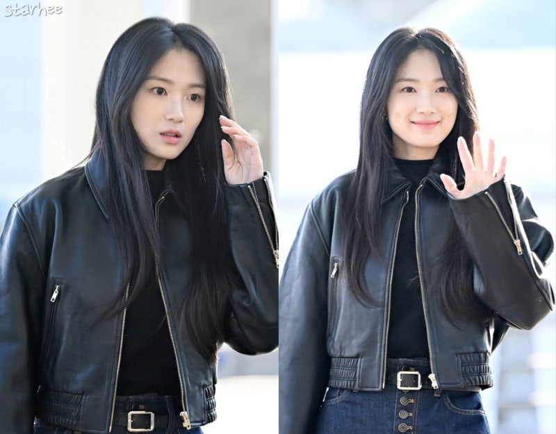 시크한 가죽자켓 김혜윤 공항패션 (크롭자켓, 가방)
