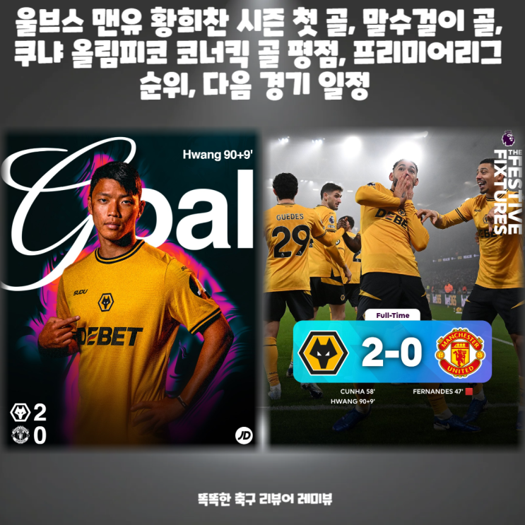 울브스 맨유 황희찬 시즌 첫 골, 말수걸이 골, 쿠냐 올림피코 코너킥 골 평점, 프리미어리그 순위, 다음 경기 일정 울브스 맨유 황희찬 시즌 첫 골, 말수걸이 골, 쿠냐 올림피코 코너킥 골 평점, 프리미어리그 순위, 다음 경기 일정